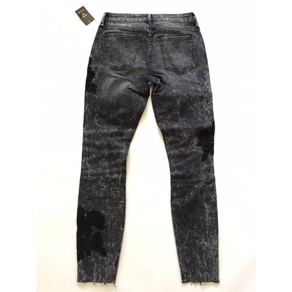 Guess Women’s Mid Rise sexy Curve Skinny Jeans Black Destroy Embroidered Size 27 - Picture 10 of 12